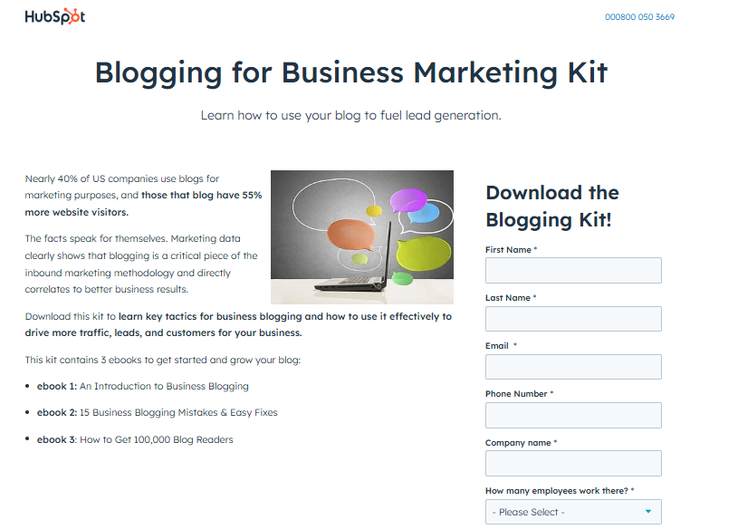 HubSpot lead magnet landing page offering a business blogging kit with simple form